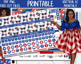 4th Of July | USA Patriotic Printable Planner Stickers, Erin Condren July Monthly Planner Sticker, ECLP Digital Sticker, Monthly Sticker Kit