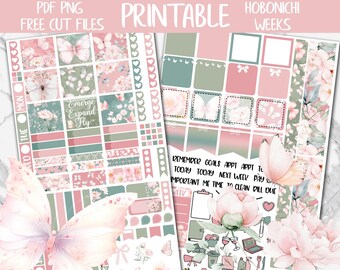 Butterflies | Flowers Hobonichi Weeks Printable Planner Sticker, Butterfly Spring Digital Stickers PNG, Pink Floral Hobo Weekly Sticker Kit