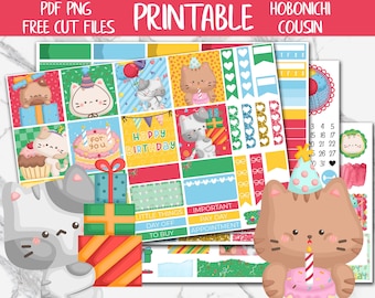 Birthday Cats | A5 Hobonichi Cousin Printable Planner Stickers, Digital Stickers, Party Weekly Sticker Kit, Cute Cats Hobo Cousin Stickers