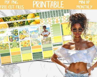 May include: Printable planner stickers with a lemon and summer theme. The stickers include a monthly calendar, daily boxes, and to-do lists. The stickers are yellow, green, and white with illustrations of lemons, flowers, and a woman in a white top and denim shorts.