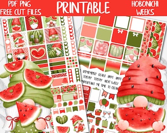 Watermelon Gnomes | Summer Hobonichi Weeks Printable Planner Sticker, Cute Gnomes Digital Stickers PNG, Summer Fruits Weekly Sticker Kit