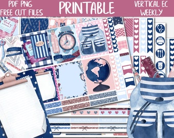 May include: Printable planner stickers with a blue and pink color scheme. The stickers feature a backpack, globe, alarm clock, and other school supplies. The stickers are designed for a vertical weekly planner.
