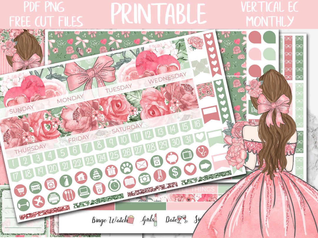 Rosie | Pink Roses Printable Planner Stickers, Erin Condren Monthly ...