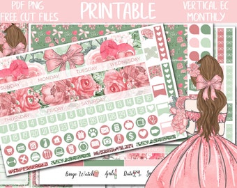 Rosie | Pink Girly Roses Printable Planner Stickers, Erin Condren Monthly Planner Stickers, ECLP Digital Stickers, May Monthly Kit Digital