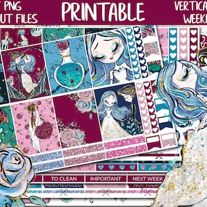 Puede incluir: Pegatinas imprimibles para planificador con un tema de cuento de hadas caprichoso con una pareja en azul y blanco, una botella de poción y diseños florales. Las pegatinas están etiquetadas como "Para limpiar", "Reprogramado", "Importante", "La próxima semana" y "No hoy".