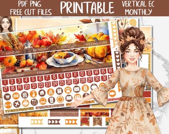 May include: Printable vertical EC monthly planner stickers with a fall theme. The design features pumpkins, leaves, and a calendar grid. The image includes a watercolor illustration of a woman in a fall-themed dress.