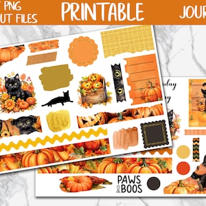 Puede incluir: Pegatinas imprimibles para diario de Halloween con gatos negros, calabazas y hojas de otoño. Las pegatinas están diseñadas para ser recortadas y utilizadas en un diario o planificador. El texto "Paws & Boos" está incluido en una de las pegatinas.