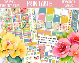 Colorful Spring | Flowers Hobonichi Weeks Printable Planner Sticker, Bird Digital Stickers PNG, Bloom Floral Spring April Weekly Sticker Kit