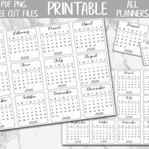 Op de afbeelding: Printbare 2026 kalenderstickers in een minimalistisch ontwerp. De stickers tonen de maanden van januari tot en met december, waarbij elke maandkalender in een rechthoekig of vierkant formaat wordt weergegeven. De tekst "Printable" en "All Planners" is zichtbaar.