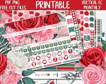 Roses | Printable Planner Stickers, Red Flowers Erin Condren Monthly Planner Stickers, ECLP Floral Digital Stickers, February Monthly Kit
