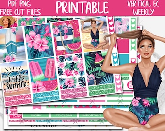 Könnte beinhalten: Druckbare vertikale Wochenplaner-Aufkleber mit Sommerthema. Die Aufkleber zeigen eine Frau im Badeanzug, Wassermelone, Eiscreme, Palmenblätter und den Text "Hello Summer" und "Summer Loading".