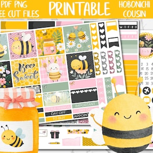 May include: Printable planner stickers with a bee theme. The design includes a jar of honey, bees, and the words "Bee Sweet." The stickers are in yellow, pink, black, and white. The text "PDF PNG FREE CUT FILES PRINTABLE HOBONICHI COUSIN" is at the top.