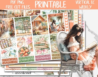 May include: Printable planner stickers with watercolor illustrations of a reading woman, books, and scenic views. The design includes boxes for weekly planning, with text that reads "PDF PNG FREE CUT FILES PRINTABLE VERTICAL EC WEEKLY".