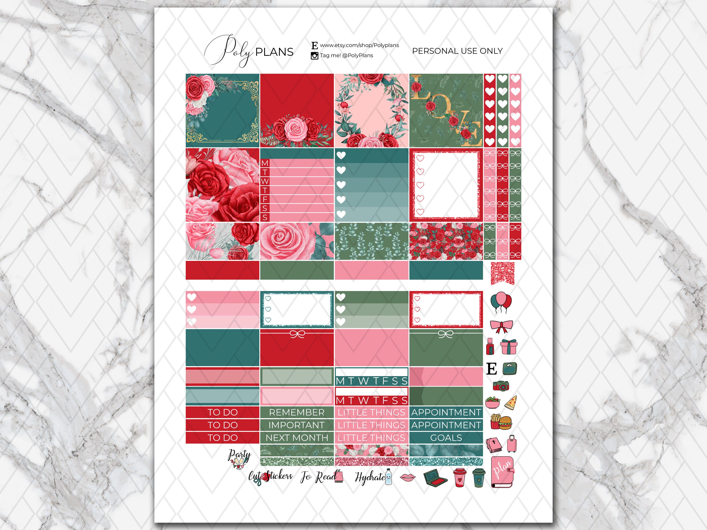 Roses | Red Flowers Classic Happy Planner Printable Monthly Stickers ...