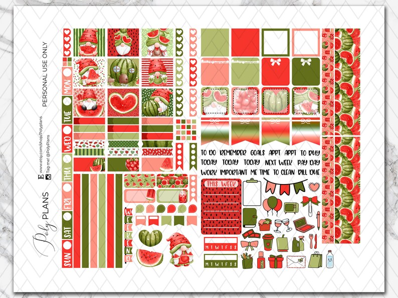 Watermelon Gnomes | Summer Hobonichi Weeks Printable Planner Sticker ...