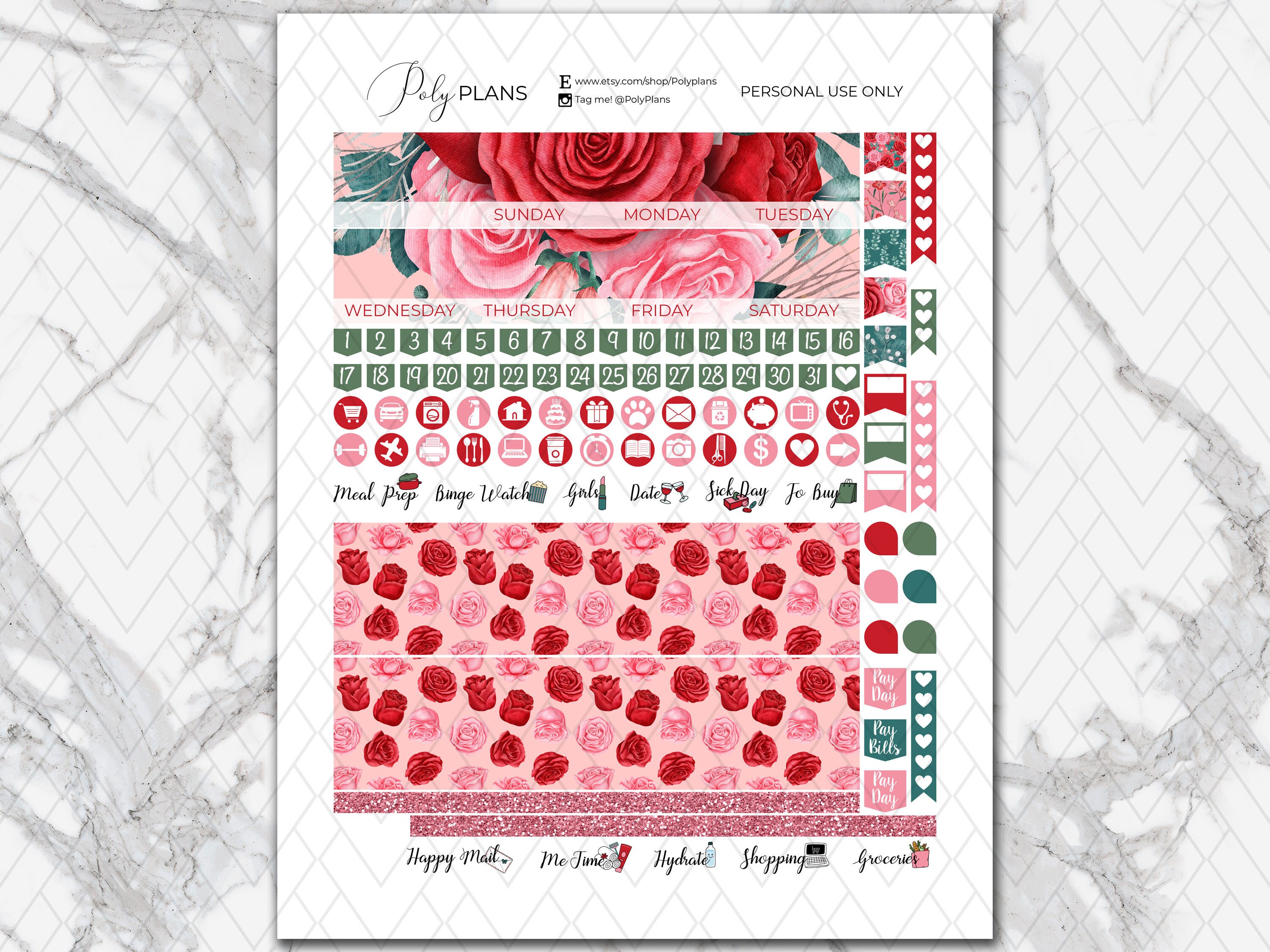 Roses | Red Flowers Classic Happy Planner Printable Monthly Stickers ...