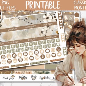 Op de afbeelding: Printbare planner stickers met een bloemenontwerp in tinten bruin en wit. De stickers bevatten een maandelijkse kalender, dagen van de week, nummers en verschillende pictogrammen. De stickers zijn ontworpen voor gebruik met een klassieke HP-planner.