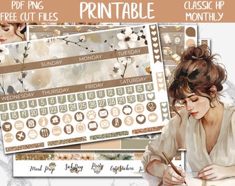 Calm Plan | Planner Life Classic Happy Planner Printable Stickers, August Monthly Kit, Cozy HP Digital Stickers PNG, Boho Planner Stickers