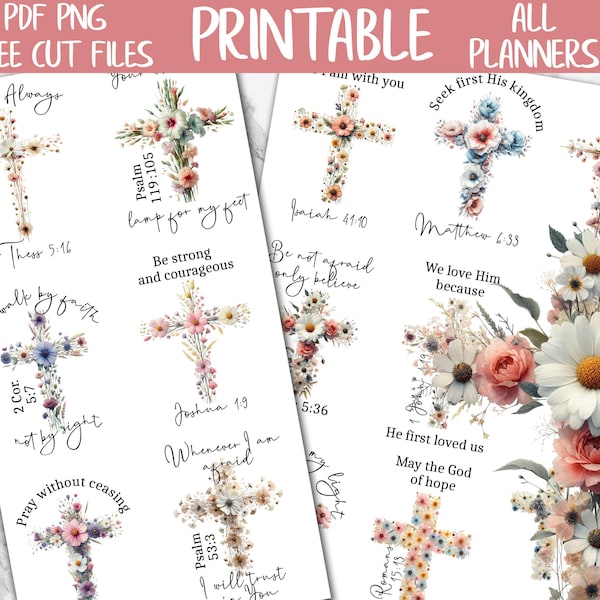 Floral Crosses | Bible Journal Printable Stickers, Bible Verses Digital Stickers, Christian Printable Stickers, Prayer Devotional Stickers