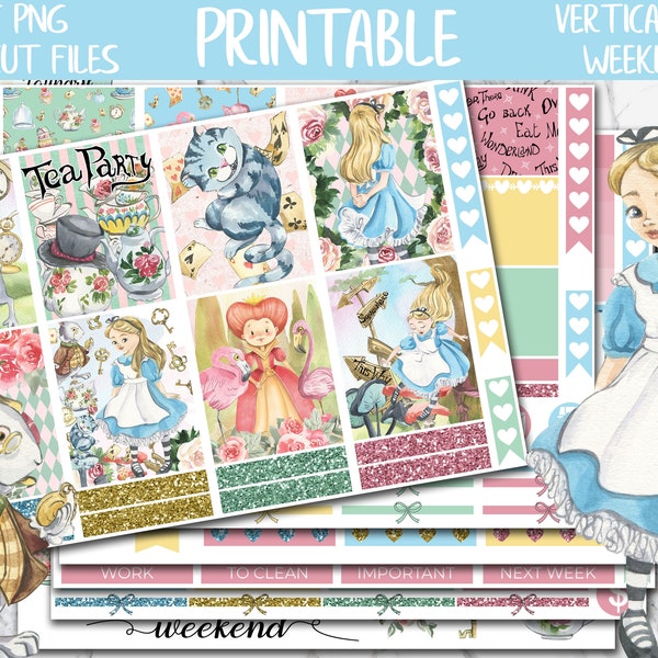 Alice | Wonderland Erin Condren Printable Sticker Kit, Tea Time Digital Sticker PNG, White Rabbit Printable Planner Weekly Kit, Cheshire Cat