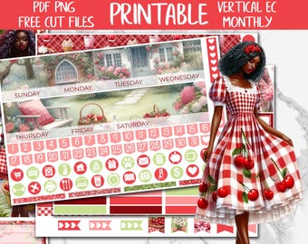 Cherry Summer | Erin Condren Printable Planner Stickers, Summer June Monthly Planner Sticker Kit, Digital Stickers, Cottagecore Monthly Kit