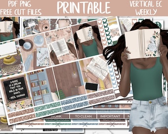 May include: Printable planner stickers featuring a woman reading a book, a typewriter, and a bookshelf. The stickers have a brown, blue, and green color scheme with floral accents. The text "A book is a dream that you hold in your hand. -Neil Gaiman" and "Creativity" are included.