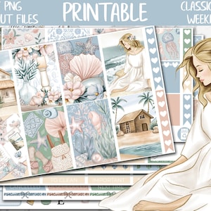 By The Sea | Beach Printable Planner Stickers, Summer Happy Planner Weekly Digital Stickers PNG, Coastal Weekly Sticker Kit, Cut Files
