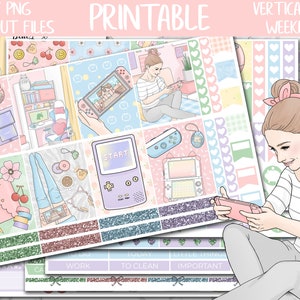 Play Hard | Gamer Girl Erin Condren Printable Planner Stickers, Digital Stickers, Gaming Vertical Weekly Kit, Pastel Printable Sticker Kit