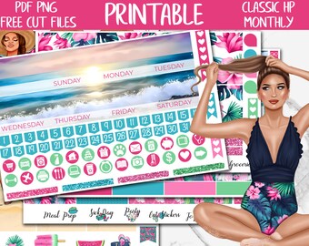 Hello Summer | Happy Planner Printable Monthly Planner Stickers, Beach HP Digital PNG Stickers, June Monthly Planner Sticker Kit, Cut Files