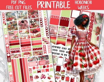 Cherry Summer | Cottagecore Hobonichi Weeks Printable Planner Sticker, June Red Fruits Digital Stickers PNG, Sweets Hobo Weekly Sticker Kit