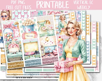 50s Pop | Erin Condren Printable Planner Stickers, 1950 Diner Babe Digital Stickers, Milkshake Vertical Weekly Kit, Printable Sticker Kit