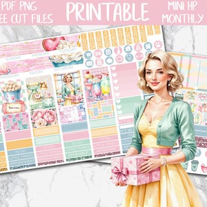 May include: A pastel-coloured printable planner sticker set. The design features weekly layouts, decorative elements, and a woman holding a gift. Text includes "PDF PNG FREE CUT FILES PRINTABLE MINI HP MONTHLY".