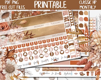 Autumnal | Fall Floral Classic Happy Planner Printable Monthly Stickers, Autumn Digital Sticker PNG, August Monthly HP Sticker Kit, Cut File