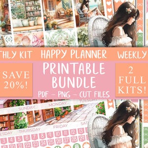 May include: A printable bundle for Happy Planner and weekly kits. The image features watercolor illustrations of a bookstore, a woman reading, and floral elements. Text includes "Monthly Kit," "Weekly Kit," and "Save 20%!"