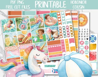 Pool Party | Summer A5 Hobonichi Cousin Printable Planner Stickers, Digital Stickers, Vacation Weekly Sticker Kit, July Hobo Cousin Sticker