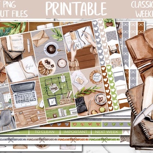 Könnte beinhalten: Druckbare Planer-Aufkleber in Braun- und Grüntönen. Die Aufkleber zeigen Illustrationen von Büchern, Kaffee und Bürobedarf. Die Aufkleber sind mit "Arbeit", "Zum Reinigen", "Wichtig" und "Nächste Woche" beschriftet.