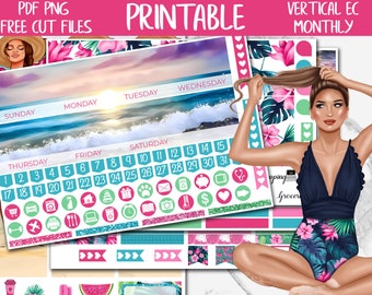 Hello Summer | Beach Printable Planner Stickers, Erin Condren June Monthly Planner Sticker, Digital Stickers PNG, Summer Monthly Sticker Kit