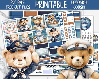 Sailor Bears | Summer A5 Hobonichi Cousin Printable Planner Stickers, Digital Stickers, Cute Weekly Sticker Kit, July Hobo Cousin Stickers