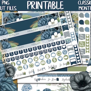 The Blues | Blue Floral Classic Happy Planner Printable Monthly Stickers, PNG Digital Sticker, January Monthly HP Sticker Kits, Cut Files