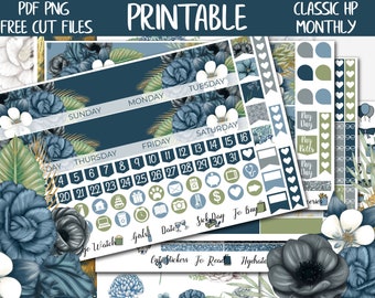 The Blues | Blue Floral Classic Happy Planner Printable Monthly Stickers, PNG Digital Sticker, January Monthly HP Sticker Kits, Cut Files
