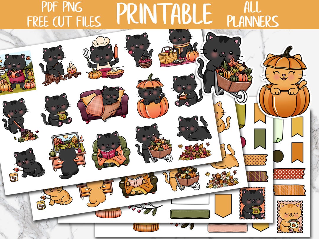 Fall Cat Stickers Cute Fall Cats Printable Stickers, Autumn Decorative Planner Stickers ...
