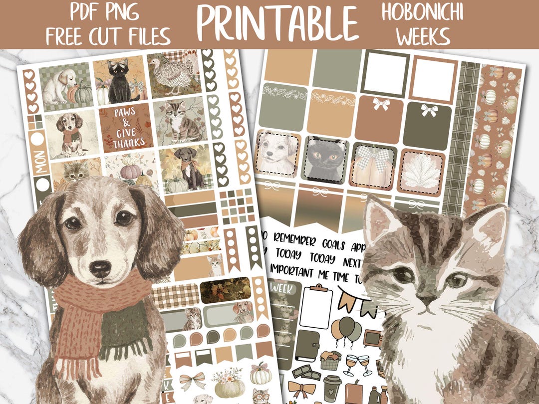 Thanksgiving Pets | Autumn Hobonichi Weeks Printable Planner Stickers ...