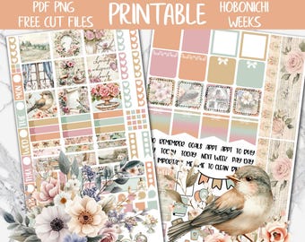 Vintage Spring | Flowers Hobonichi Weeks Printable Planner Sticker, Bird Digital Stickers PNG, Victorian Spring April Weekly Sticker Kit
