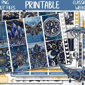 May include: Printable planner stickers with a celestial theme. The stickers feature blue, gold, and white colors with images of moons, stars, crystals, and butterflies. The text "Printable", "Classic HP Weekly", "Work", "Today to Clean", and "Little Things Important" is included on the stickers.