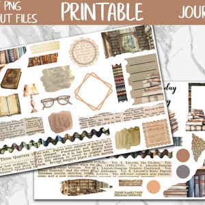 At The Library | Bullet Journal Printable Sticker, Book Lover Diary Digital Sticker PNG, Reading Sticker Kit, Books Bujo Journaling Stickers