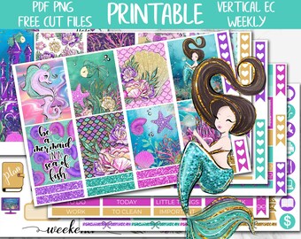 Mermaids | Summer Erin Condren Printable Planner Stickers, July Fantasy ECLP Digital Stickers, Vacation Weekly Kit, Printable Sticker Kit