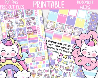 May include: Printable planner stickers featuring unicorn illustrations in pastel colors. The stickers include various designs, such as unicorns on rainbows, ice cream, and cupcakes. Text includes "PDF PNG FREE CUT FILES" and "PRINTABLE".