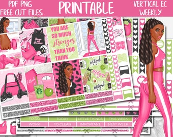 Könnte beinhalten: Druckbare Planer-Aufkleber mit einer schwarzen Frau in pinker Sportkleidung mit dem Text "You are so much stronger than you think" und "#fitgal". Die Aufkleber sind für einen vertikalen Wochenplaner konzipiert.