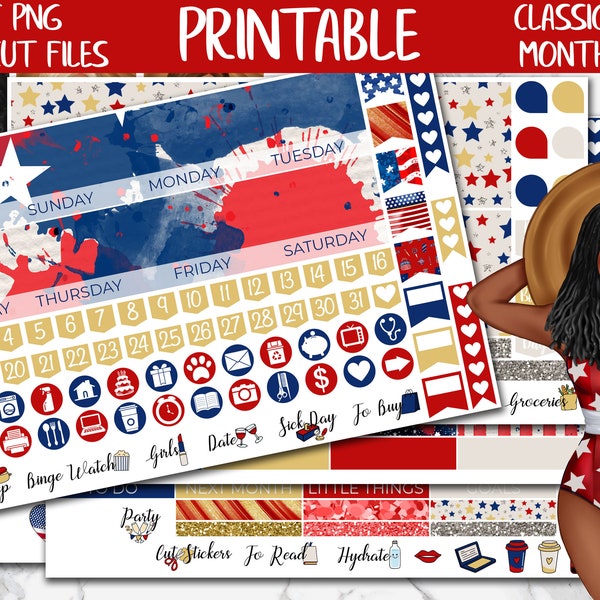 Independence | 4th of July Classic Happy Planner Printable Monthly Stickers, USA Patriotic HP Digital Stickers, Monthly Planner Sticker Kit