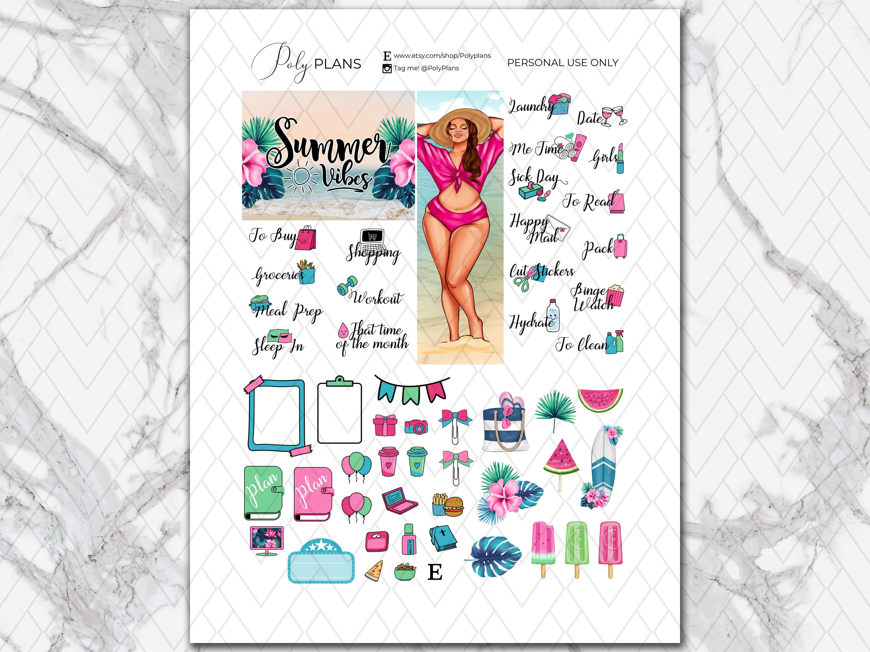 Hello Summer | Happy Planner Printable Weekly Stickers, Beach Vertical ...